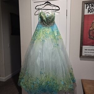 Strapless Blue and Green Floral Gown